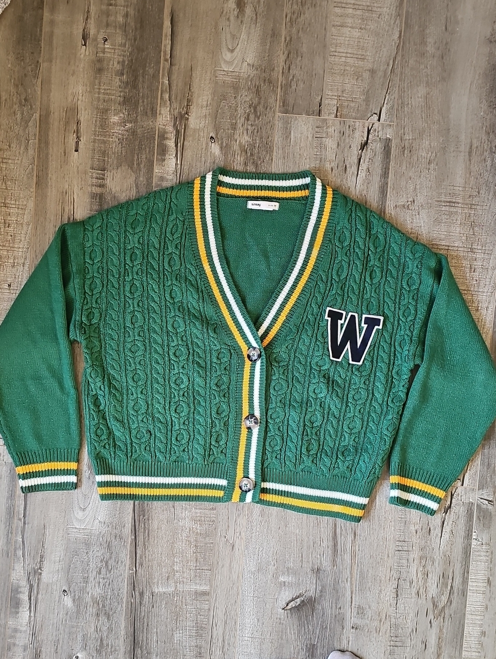 Vintage Letterman Green Cable-Knit Cardigan Varsity W Patch Sz M Women's Sinsay
